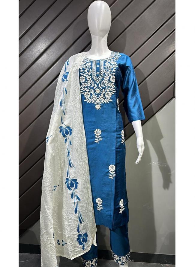 Chanderi Blue Traditional Wear Thread Work Readymade Salwaar Suit